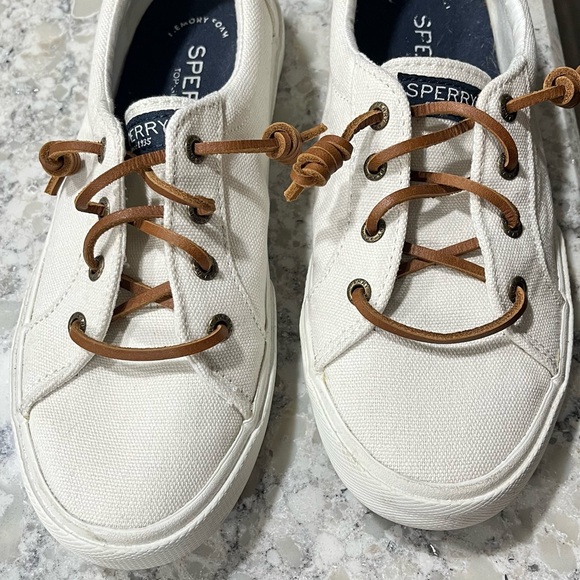 Sperry White Canvas Flats with Brown Laces - Picture 2 of 6